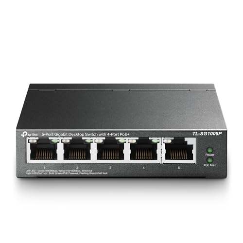 TP-Link TL-SG1005P PoE Switch 5-Port Gigabit Lan Switch mit 4 PoE+ Ports (65 Watt, IEEE-802.3af/at PoE,lüfterlos, Plug-and-Play, robustes Metallgehäuse) Schwarz von TP-Link