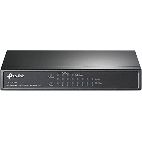 TP-Link TL-SG1008P 8 Port PoE Switch mit 4 PoE+ Ports (64 Watt, IEEE-802.3af/at PoE,lüfterlos, Plug-and-Play, robustes Metallgehäuse) Schwarz von TP-Link