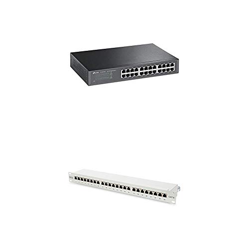 TP-Link TL-SG1024D 24-Port Gigabit-/ Netzwerk Switch (Rackmount, 48Gbit/s Switching-Kapazität, Plug-und-Play) schwarz + DIGITUS Professional, Cat 6 LSA Patchpanel, 24-Port, 19” Rackmontage 1HE, Grau von TP-Link