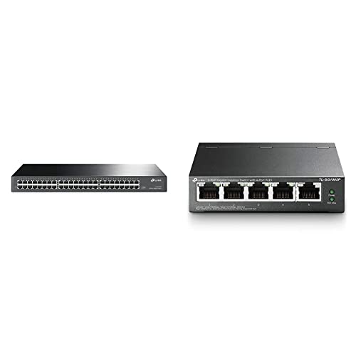TP-Link TL-SG1048 48-Port Rackmount Gigabit Switch & TL-SG1005P 5-Port Gigabit PoE Switch mit 4 PoE+ Ports (65 Watt, geschirmte RJ-45 Ports,IEEE-802.3af/at) Schwarz, v2.0 von TP-Link