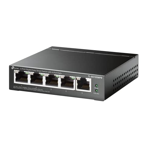 TP-Link TL-SG105MPE 5 Port Managed PoE Switch mit 4 PoE+ Ports (120 Watt, IEEE-802.3af/at PoE,lüfterlos, Plug-and-Play, Robustes Metallgehäuse) Schwarz von TP-Link