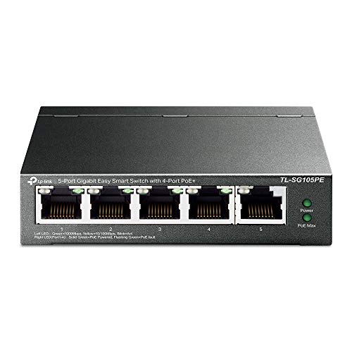 TP-Link TL-SG105PE 5-Port Gigabit Managed LAN PoE Switch mit 4 PoE+ Ports (65 Watt, IEEE-802.3af/at, einfache Konfiguration, IGMP, QoS, VLAN, lüfterlos, robustes Metallgehäuse) Schwarz von TP-Link