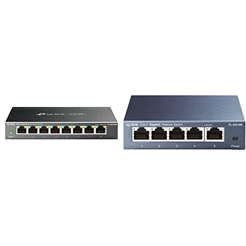 TP-Link TL-SG108E Managed Switch 8 Port Gigabit Ethernet LAN Switch schwarz & TL-SG105 5-Ports Gigabit Netzwerk Switch (bis 2000 MBit/s im Vollduplexmodus, geschirmte RJ-45 Ports) blau metallic von TP-Link