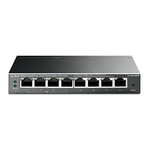 TP-Link TL-SG108PE Managed PoE Switch, 8 Port Gigabit Network Switch mit 4 PoE+ Ports (64 W, 802.3af/at PoE+, Lüfterlos, Plug-and-Play, Robustes Metallgehäuse) Schwarz von TP-Link