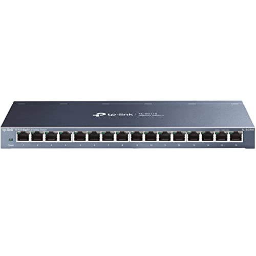 TP-Link TL-SG116 16-Ports Gigabit Netzwerk Switch (32 Gbit/S Switching-Kapazität, geschirmte RJ-45 Ports, Metallgehäuse, IGMP-snooping, Unmanaged, Plug-und-Play, lüfterlos) blau metallic von TP-Link