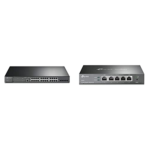 TP-Link TL-SG3428MP 28-Port Gigabit L2+ Managed Switch mit 24 PoE+ Ports Schwarz, v2.0 & ER605 5 Port Dual/Multiple WAN VPN Router(bis zu 4 Gigabit WAN Ports) schwarz, ideal für Büronetzwerk von TP-Link