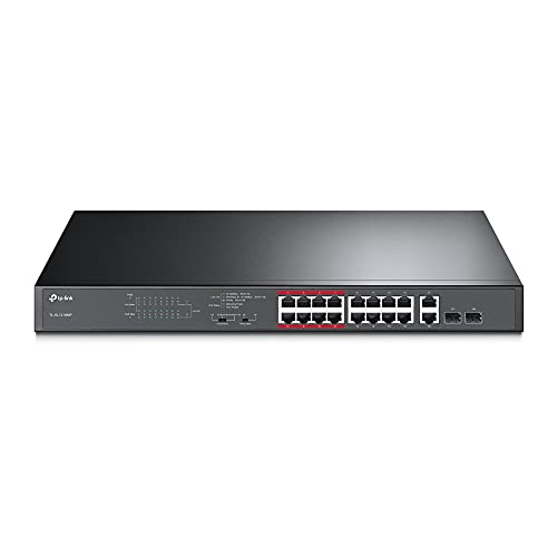 TP-Link TL-SL1218MP 16-Port Fast Ethernet Rackmount PoE+ Switch mit 2 Gigabit Ports (250 Watt, geschirmte RJ-45 Ports,IEEE-802.3af/at, Plug-and-Play Installation, lüfterlos) Schwarz, v2.0 von TP-Link