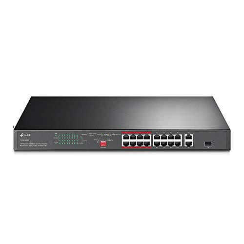 TP-Link TL-SL1218P 16-Port Fast Ethernet Rackmount PoE+ Switch + 2 Gigabit Port(150 Watt, geschirmte RJ-45 Ports, 250m Übertragungsabdeckung im Extendmodus, Plug-and-Play, lüfterlos) Schwarz von TP-Link