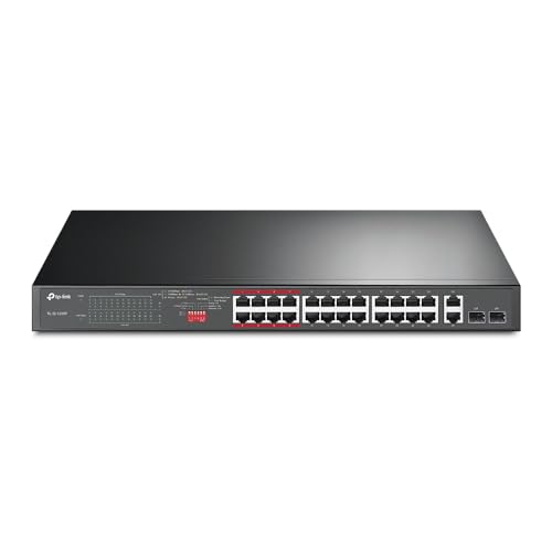 TP-Link TL-SL1226P 24-Port Fast Ethernet Unmanaged PoE+ Switch + 2 Gigabit Port(250 Watt, geschirmte RJ-45 Ports, 250m Übertragungsabdeckung im Extendmodus, Plug-and-Play, lüfterlos) Schwarz von TP-Link