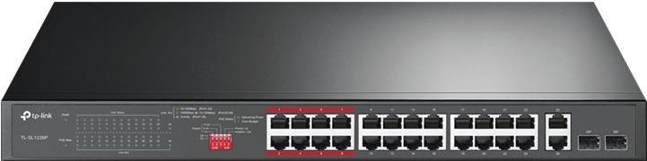 TP-Link TL-SL1226P - Switch - unmanaged - 24 x 10/100 (PoE+) + 2 x 10/100/1000 + 2 x Kombi-Gigabit-SFP - Desktop, an Rack montierbar - PoE+ (250 W) von TP-Link