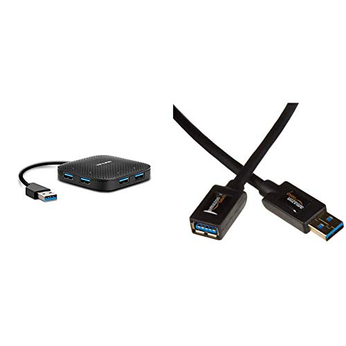 TP-Link UH400 4-Port-USB-3.0-Hub (5 Gbit/s, 4 Steckplätze, Windows 10/8.1/8/7/Vista/XP, MacOS X und Linux) schwarz & Amazon Basics USB 3.0-Verlängerungskabel A-Stecker auf A-Buchse, 2 m von TP-Link