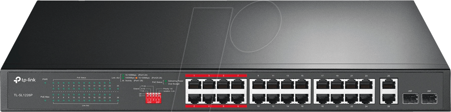 TPLINK TLSL1226P - Switch, 26-Port, Fast Ethernet, RJ45/SFP, PoE+ von TP-Link