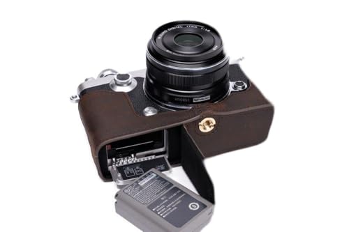 TP-handgemachte echte Echtes Leder Halb Camera Case Kameratasche für Olympus PEN-F PEN F Dark Brown Bottom öffnen von TP