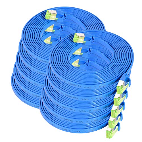 TPFNet 10er Pack CAT.7 hochwertiges Premium Netzwerkkabel flach mit RJ45 Anschluss | LAN Kabel | 5m | blau |Abschirmung durch U/FTP | kompatibel mit Router, Modem, Switch von TPFNet