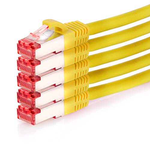TPFNet 5er Pack CAT.6 hochwertiges Premium Netzwerkkabel mit RJ45 Anschluss | LAN Kabel | 0,25m | gelb |mehrfache Abschirmung durch S/FTP | kompatibel mit Router, Modem, Switch von TPFNet