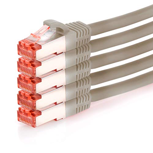 TPFNet 5er Pack CAT.6 hochwertiges Premium Netzwerkkabel mit RJ45 Anschluss | LAN Kabel | 0,25m | grau |mehrfache Abschirmung durch S/FTP | kompatibel mit Router, Modem, Switch von TPFNet