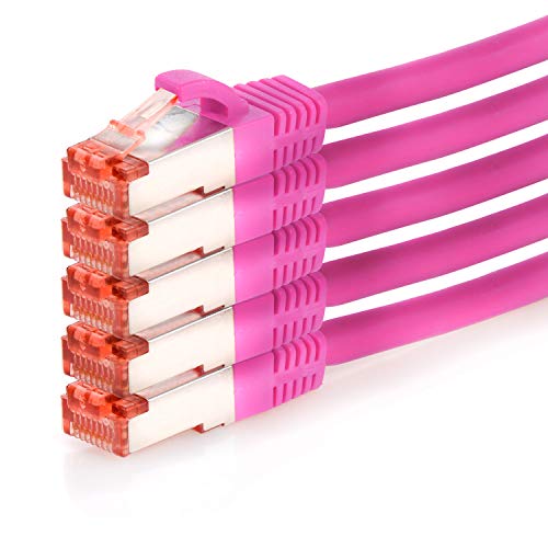 TPFNet 5er Pack CAT.6 hochwertiges Premium Netzwerkkabel mit RJ45 Anschluss | LAN Kabel | 0,25m | magenta |mehrfache Abschirmung durch S/FTP | kompatibel mit Router, Modem, Switch von TPFNet