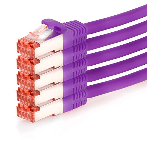 TPFNet 5er Pack CAT.6 hochwertiges Premium Netzwerkkabel mit RJ45 Anschluss | LAN Kabel | 0,25m | violett |mehrfache Abschirmung durch S/FTP | kompatibel mit Router, Modem, Switch von TPFNet