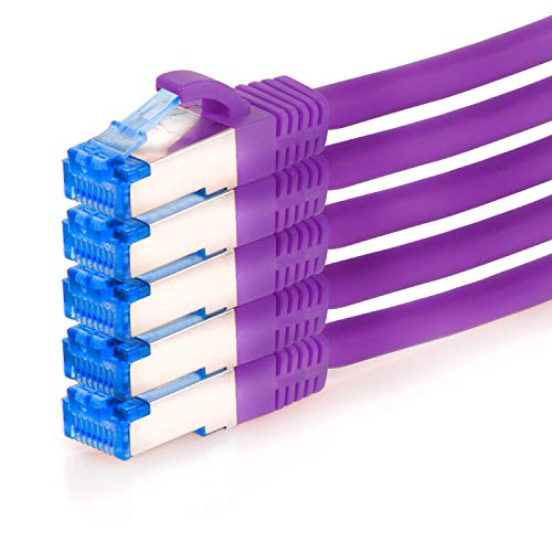 TPFNet 5er Pack CAT.6A hochwertiges Premium Netzwerkkabel mit RJ45 Anschluss | LAN Kabel | 0,25m | violett |mehrfache Abschirmung durch S/FTP | kompatibel mit Router, Modem, Switch von TPFNet