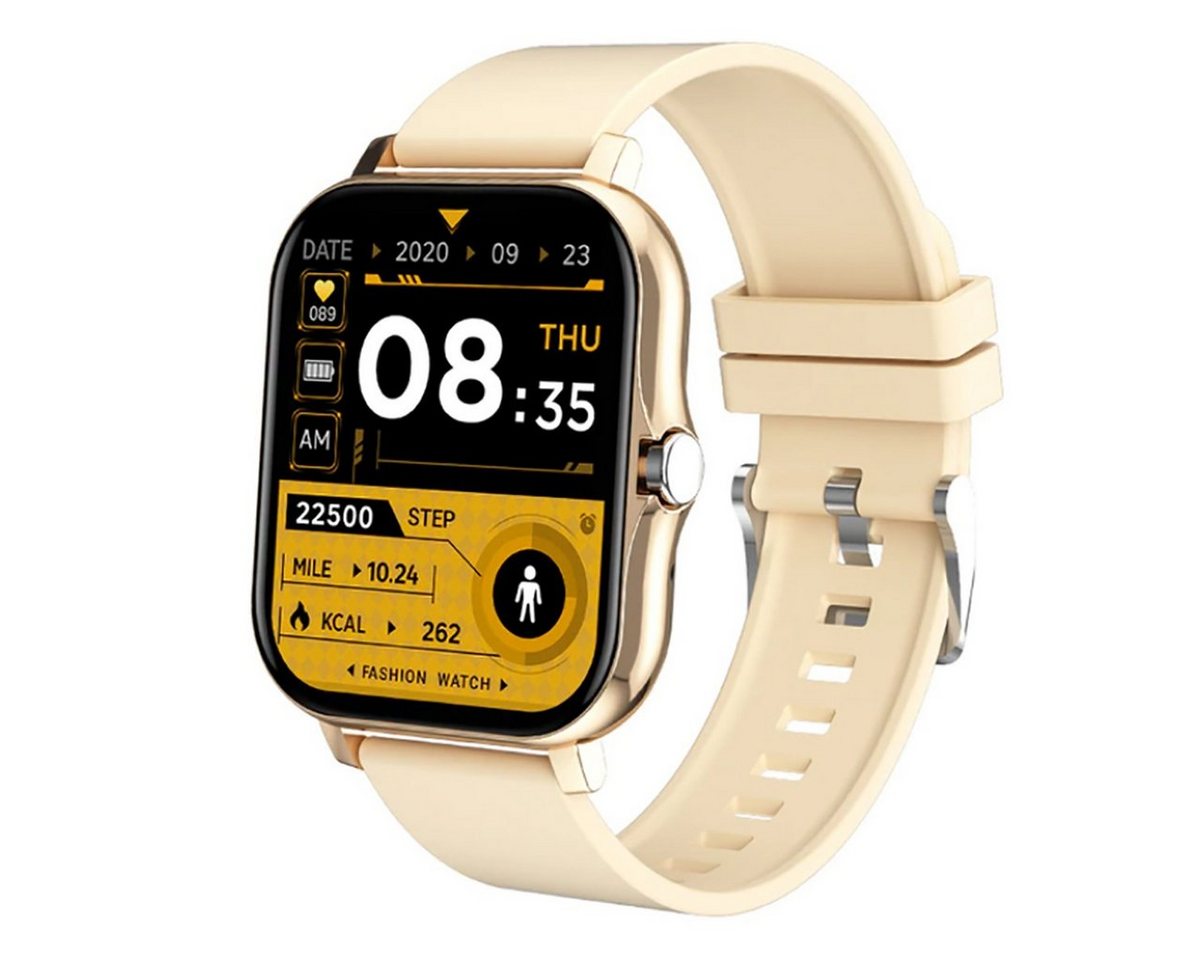 TPFNet SW04 mit Silikon Armband - individuelles Display Smartwatch (Android), Armbanduhr mit Musiksteuerung, Herzfrequenz, Schrittzähler, Kalorien, Social Media etc., Gold von TPFNet