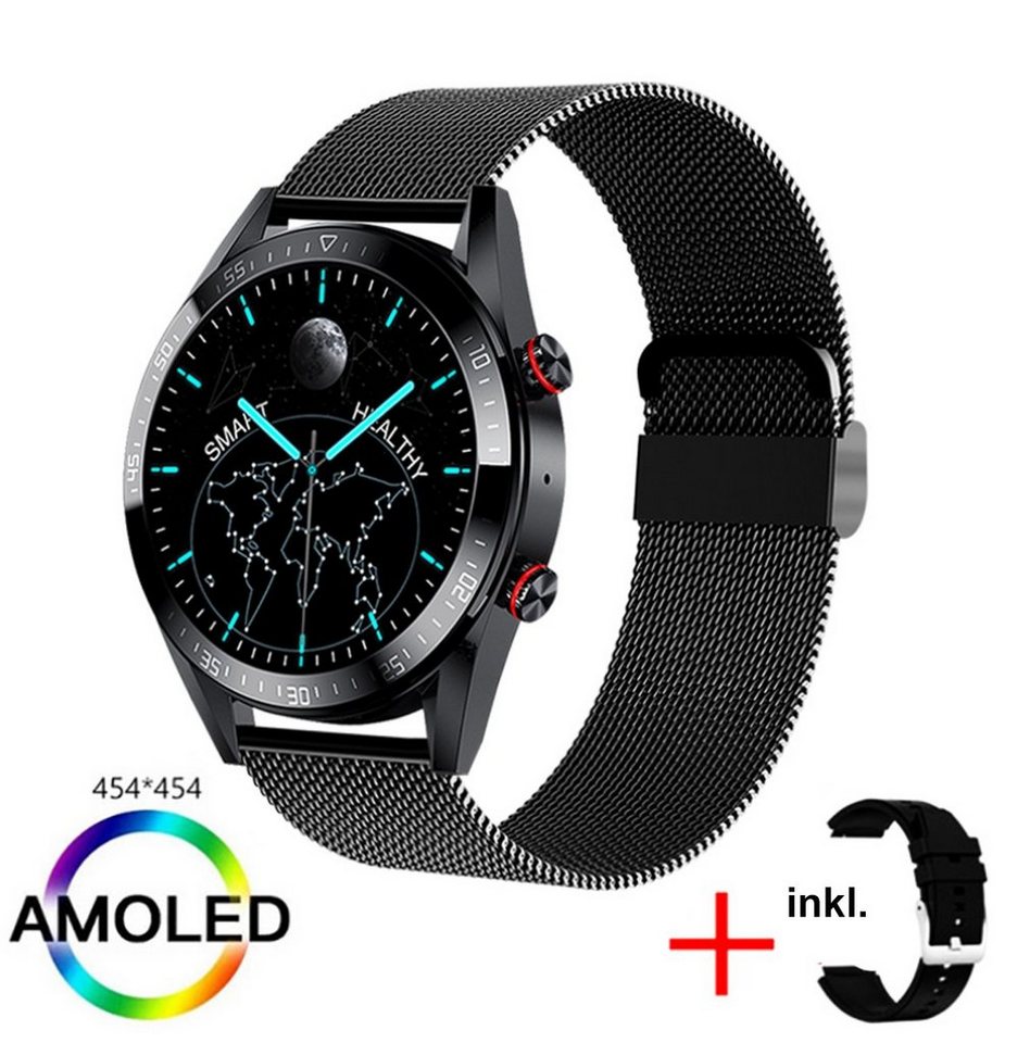 TPFNet SW26 mit Milanaise Armband + Silikon Armband Smartwatch (Android), individuelles Display - Armbanduhr mit Musiksteuerung, Herzfrequenz, Schrittzähler, Kalorien, Social Media etc. - Schwarz von TPFNet