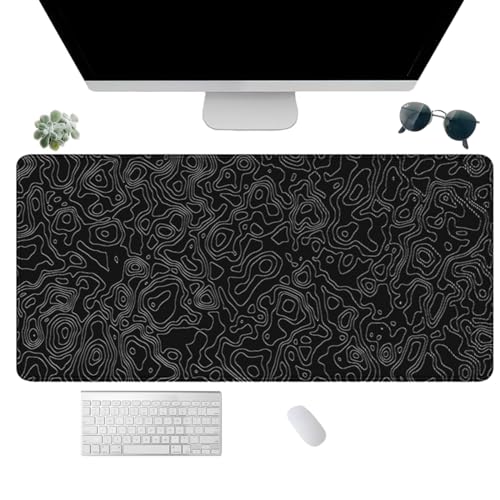 Schwarzes Topographie-Karten-Gaming-Mauspad XXL-Mauspad mit erweiterten weißen Konturlinien Großes Büro-Mauspad Schreibtischunterlagen mit genähten Kanten(Size:80x30cm) von TPLLPK