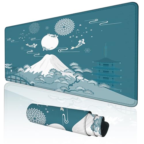 XXL-Mauspad mit erweiterter Landschaft Koi & Mount Fuji Gaming Mousepad Große japanische Kirschblüten-Schreibtischunterlagen Wasserdichtes Tastatur-Mauspad(Size:90x40cm) von TPLLPK