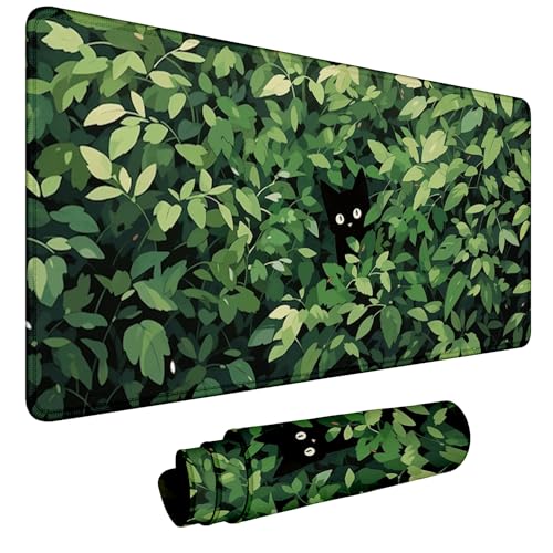 XXL süßes grünes Anime-Gaming-Mauspad Große Mauspads mit naturpflanzenblättern Erweitertes lustiges Kawaii-Frau-Mauspad Genähte Kanten, Büro-Schreibtischunterlagen(Size:60×30cm) von TPLLPK