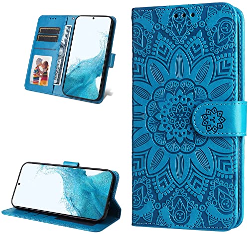 TQIAHF Hülle für Samsung Galaxy S23, Klapphülle Blumen Muster Motiv Handyhülle Klappbar Leder Tasche Komplettschutz Flip Case Geldbörse Schutzhülle für Samsung Galaxy S23,Blau von TQIAHF