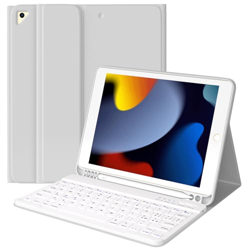 Schutzhülle mit Tastatur für iPad 10.2 9th 2021/8th 2020/7th 2019, Schutzhülle mit Tastatur für iPad Air 3 10.5, integrierter Stifthalter BT-Tastatur mit Hintergrundbeleuchtung, Schlaf-/Aufwachfunktion (Grau) von TQQ