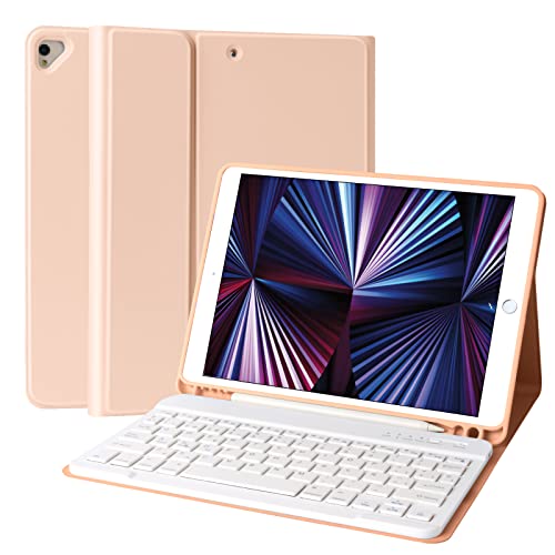 Schutzhülle mit Tastatur für iPad 10.2 9th 2021/8th 2020/7th 2019, Tastatur für iPad Air 3 10.5, integrierte Stifthalterung, BT-Tastatur mit Hintergrundbeleuchtung, Automatische Weckfunktion (Rosa) von TQQ