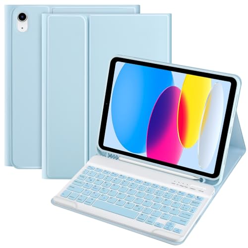 TQQ Hülle mit Tastatur für iPad 10 Generation 10,9 Zoll 2022, (QWERTZ Deutsches Layout), Abnehmbare Kabellose Bluetooth Tastatur, Flexibles TPU Hülle mit Stifthalter für Neue iPad 10. Generation von TQQ