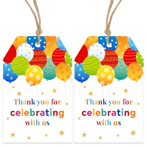 50 Stück "Thank You for Celebrating with Us" Anhänger mit Schnur – Dankeschön-Anhänger mit Schnur, Geschenkanhänger (8,4 x 5,6 cm) – bunt von TQQBUU