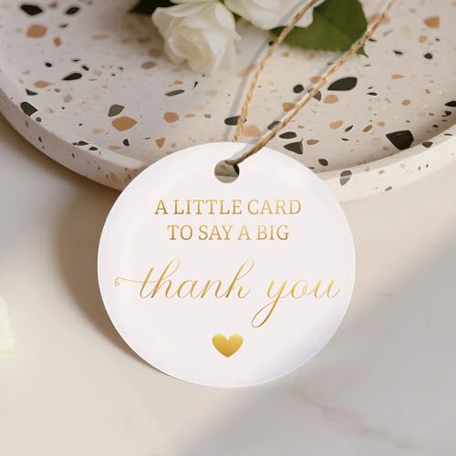 TQQBUU 50 Stück Goldfolien-Dankesanhänger mit Schnur, vorgestanztes Loch, Geschenkanhänger mit Schnur – perfekt für Hochzeiten, Babypartys, Partys, Feiertage, Jubiläen, Feiern (5,1 x 5,1 cm) von TQQBUU