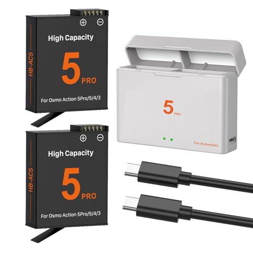 TQTHL OSMO Action 5 Pro/4/3 Akku Ladegerät Kit 2Stück 2800mAh Ersatzakkus Typ C USB Doppelt Kanäle LED Ladegerät für OSMO Action 5 Pro/OSMO Action 4/OSMO Action 3 Kamera(2 x Akku + 1 x Ladefach) von TQTHL