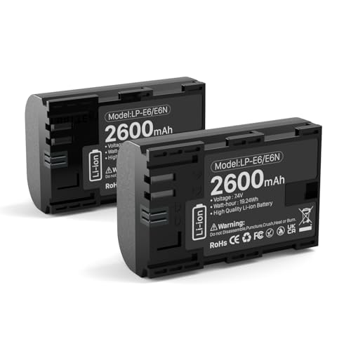 TQTHL 2 Stück LP-E6NH Hochkapazitiver 2600mAh Li-ION Akku, Ersatzakku für Canon EOS R, R5C, 5D Mark II, 5D III, 5D IV, 5DS, 5DSR, 6D, 7D, 7D II, 7D III, 80D, 70D, 60D, 60Da, XC10, XC15 von TQTHL