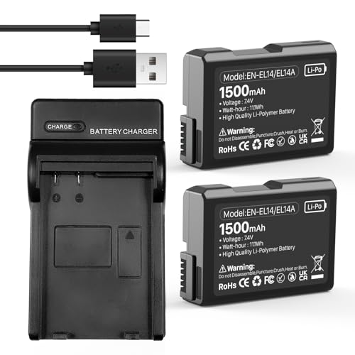 TQTHL 2 x Akku N-EL14 EN-EL14A Akku+Ladegerät, 1500mAh für Nikon Coolpix P7000, P7100, P7700, P7800, P8000 DSLR D3100, D3200, D3300, D3400, D5100, D5200, D5300, D5500, D5600, DF, D3 von TQTHL