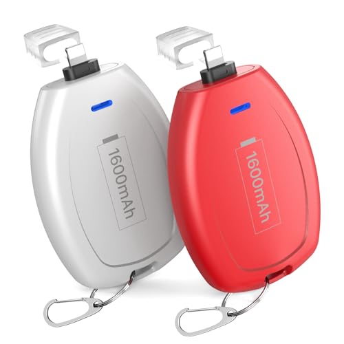 TQTHL Schlüsselanhänger tragbares Ladegerät, Mini Power Notfall Pod Power Bank Batterie Pack Schlüsselring Handy Ladegerät kompatibel mit iPhone(Rot+Weiß) von TQTHL