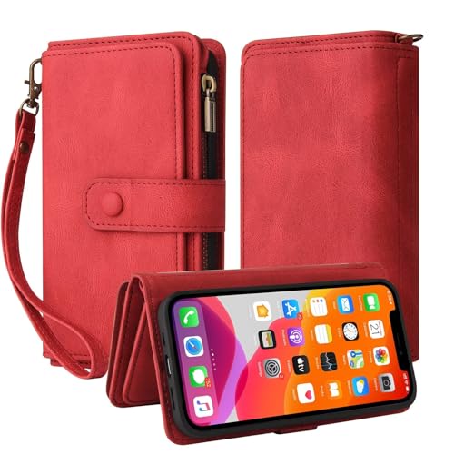 TQmchun Handyhülle für Samsung Galaxy A25 5G,Flip Case Lederhülle Reißverschluss Magnetverschluss Brieftasche mit 15 Kartenfächern Standfuntion Retro Ledertasche-Rot von TQmchun