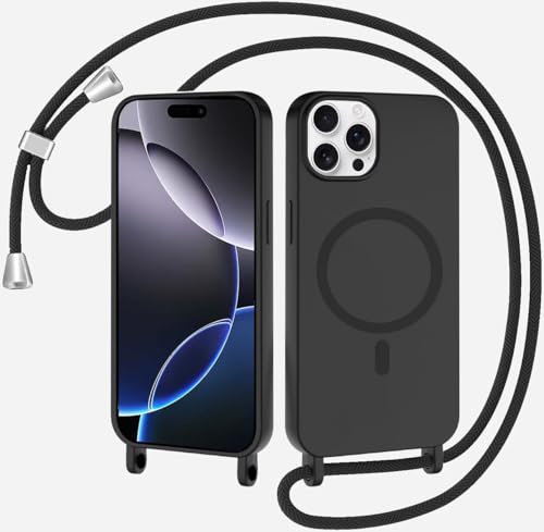 TQmchun Magnetische Handykette mit Band für iPhone 11 Pro,Handyhülle [Kompatibel mit MagSafe],Weich TPU Liquid Silikon Necklace Umhängen Kameraschutz Kette Stossfest Schutzhülle-Schwarz von TQmchun