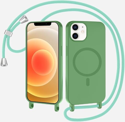 TQmchun Magnetische Handykette mit Band für iPhone 12 Mini,Handyhülle [Kompatibel mit MagSafe],Weich TPU Liquid Silikon Necklace Umhängen Kameraschutz Kette Stossfest Schutzhülle-Matcha grün von TQmchun