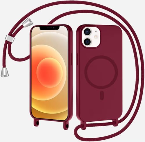 TQmchun Magnetische Handykette mit Band für iPhone 12 Mini,Handyhülle [Kompatibel mit MagSafe],Weich TPU Liquid Silikon Necklace Umhängen Kameraschutz Kette Stossfest Schutzhülle-Rot von TQmchun