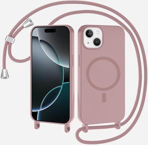 TQmchun Magnetische Handykette mit Band für iPhone 13,Handyhülle [Kompatibel mit MagSafe],Weich TPU Liquid Silikon Necklace Umhängen Kameraschutz Kette Stossfest Schutzhülle-Sandpulver von TQmchun
