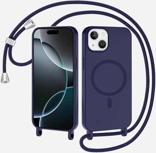 TQmchun Magnetische Handykette mit Band für iPhone 13 Mini,Handyhülle [Kompatibel mit MagSafe],Weich TPU Liquid Silikon Necklace Umhängen Kameraschutz Kette Stossfest Schutzhülle-Dunkelblau von TQmchun