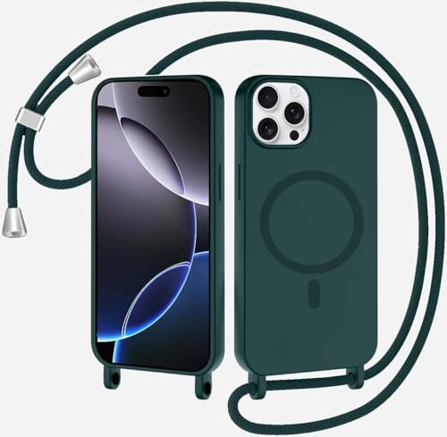 TQmchun Magnetische Handykette mit Band für iPhone 13 Pro Max,Handyhülle [Kompatibel mit MagSafe],Weich TPU Liquid Silikon Necklace Umhängen Kameraschutz Kette Stossfest Schutzhülle-Dunkelgrün von TQmchun
