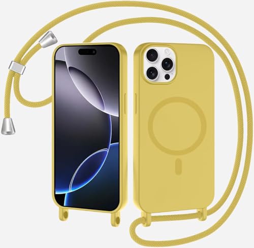 TQmchun Magnetische Handykette mit Band für iPhone 13 Pro Max,Handyhülle [Kompatibel mit MagSafe],Weich TPU Liquid Silikon Necklace Umhängen Kameraschutz Kette Stossfest Schutzhülle-Zitronengelb von TQmchun