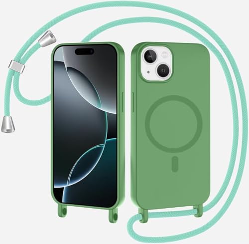 TQmchun Magnetische Handykette mit Band für iPhone 14,Handyhülle [Kompatibel mit MagSafe],Weich TPU Liquid Silikon Necklace Umhängen Kameraschutz Kette Stossfest Schutzhülle-Matcha grün von TQmchun