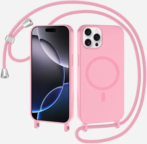 TQmchun Magnetische Handykette mit Band für iPhone 14 Pro Max,Handyhülle [Kompatibel mit MagSafe],Weich TPU Liquid Silikon Necklace Umhängen Kameraschutz Kette Stossfest Schutzhülle-Rosa von TQmchun