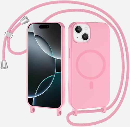 TQmchun Magnetische Handykette mit Band für iPhone 15,Handyhülle [Kompatibel mit MagSafe],Weich TPU Liquid Silikon Necklace Umhängen Kameraschutz Kette Stossfest Schutzhülle-Rosa von TQmchun