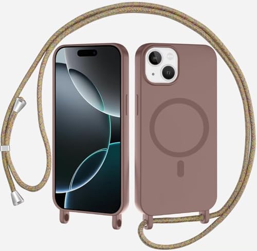 TQmchun Magnetische Handykette mit Band für iPhone 15 Plus,Handyhülle [Kompatibel mit MagSafe],Weich TPU Liquid Silikon Necklace Umhängen Kameraschutz Kette Stossfest Schutzhülle-Braun von TQmchun